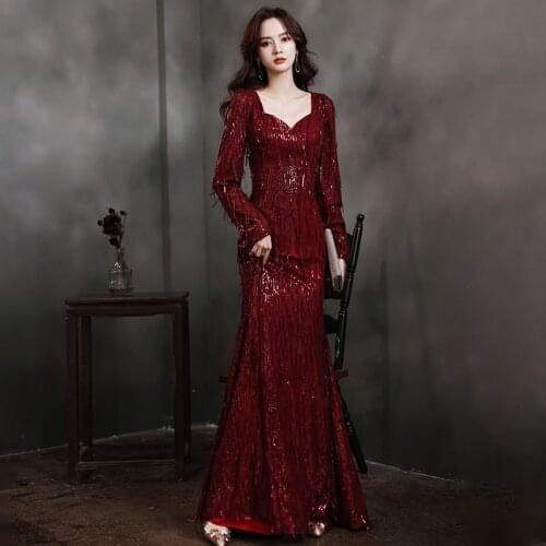 Special Occasion Dresses Vintage V-Neck Full Floor-Length Sequined A-Line Luxury Burgundy Fashion Elegant Women Prom Gown E889