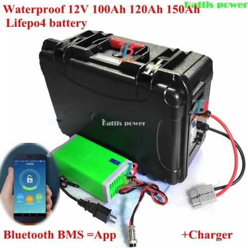 Waterproof 12V 100Ah 120Ah 130Ah 150Ah Lifepo4 battery BMS with bluetooth for 1200w solar system motor home boat RV +10A charger