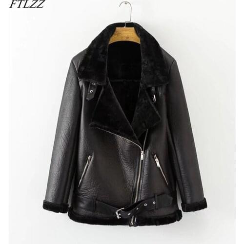 FTLZZ New Spring Winter Womens Pu Leather Street Jacket Casual Warm Zipper Jacket Female Warm Thick Imitation Fur Outwear