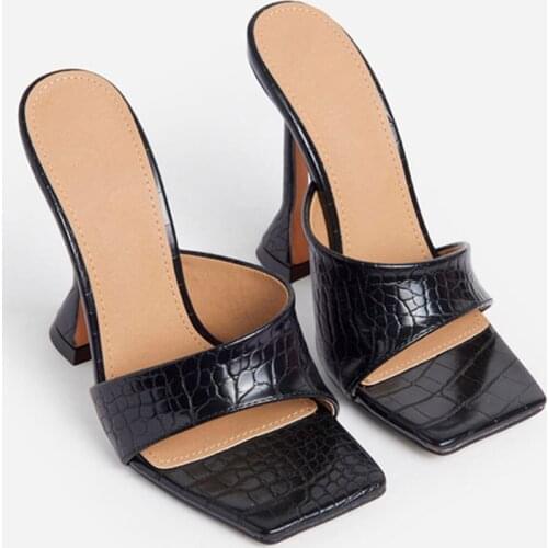 Female High Heels Slippers PU Square Toe Fretwork Solid Ladies Slides Fashion Mature Outside Plus Size Woman Sandals Summer Sexy