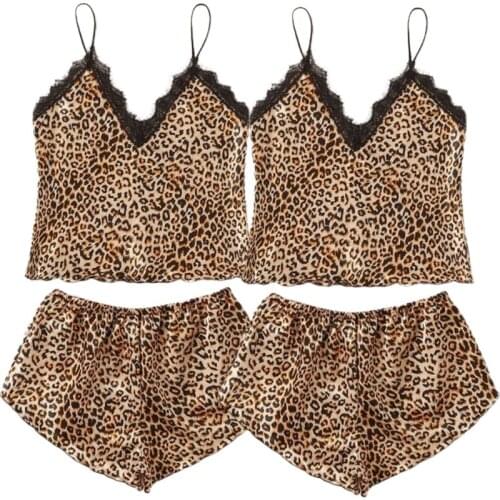 Womens Leopard Print 2 Piece Lingerie Pajamas Set Eyelash Flroal Lace Trim Camis Top Elastic Waist Shorts Sexy Nightwear