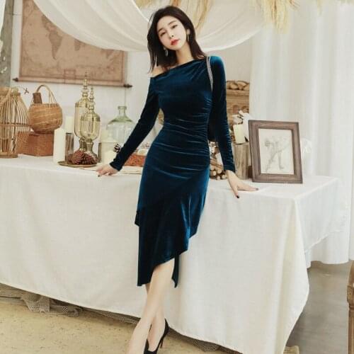 Winter Party Office Asymmetrical Dresses Velvet Dresses Sheath Dress Women Long Sleeve One-Shoulder Bodycon Vintage Vestidos