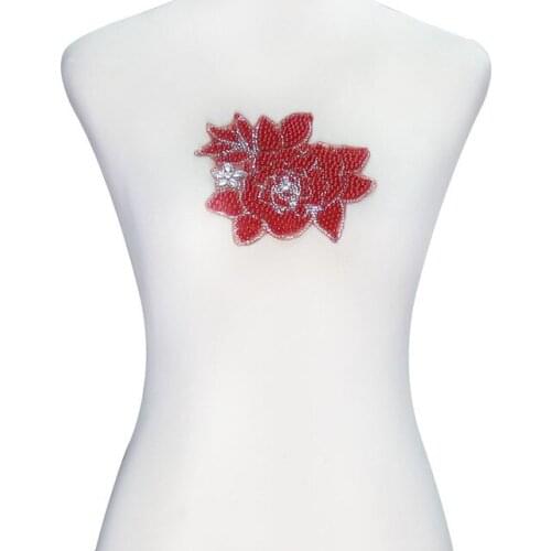 1piece Red Beads Floral Hot Fix Motif Rhinestones Melt Adhesive Crystal Applique Clothes Decorative Sewing Accessories T2302