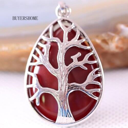 Silver Color Tree of life Water Drop Natural Stone Bead Red Carnelian Necklace Pendant 1Pcs K438