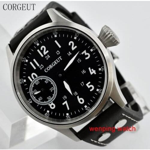 E2445 Corgeut 44mm Green luminous Black Dial Leather strap Asia Hand Winding Movement Watch