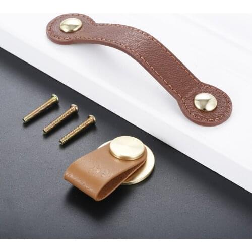 Leather Furniture Handle Pendant Pull Elegant Single/Double Holes Knob Brown/Beige w/screw 14.5/5.5cm Drawer/Kitchen/Cabinet