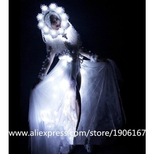 Fashion Led Light Up DS Party Evening Dress Led Luminous Masquerade Cosplay Clothes Christmas White Led Snowflake Costumes