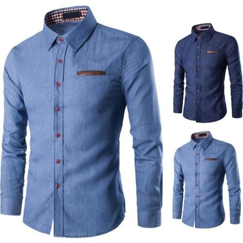 Men Solid Color Long Sleeve Jeans Shirts Breathable Casual Denim Top for Work