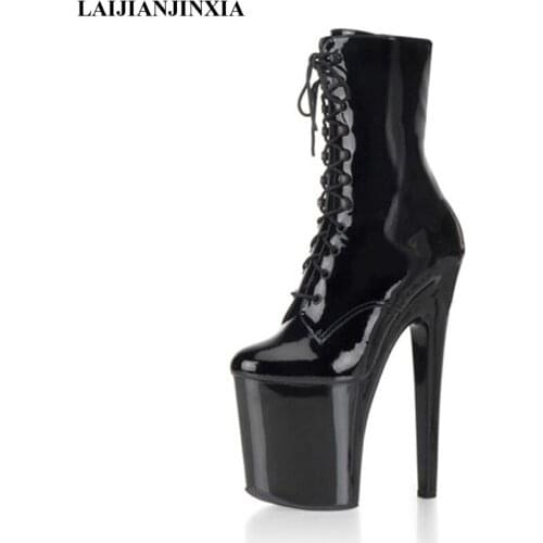 LAIJIANJINXIA New 20CM Extreme High Heels Platform Boots Lace Up Pole Dancing Ankle Boots Side Zip Black Plus Size 46