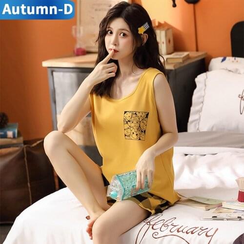 For Womens Pajamas Suit New Summer Products Leisure Loose Comfortable Cotton Multicolor Cartoon Lady Sleepwear Sleeveless