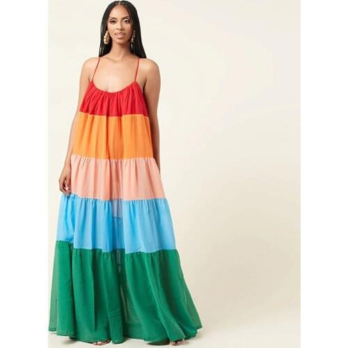 Color Block Striped Print Bohemian Long Dress Women Casual Spaghetti Strap Backless Beach Dresses Summer Loose Pleated Vestido