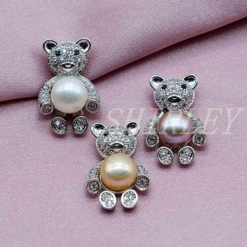 Cute bear pendant, natural freshwater pearl, 925 sterling silver, zircon, girl necklace