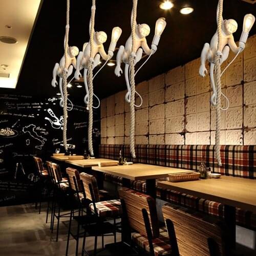 Resin Gold Black White Monkey Lamp Animal Lighting Loft Hemp Rope Pendant Lamp Luminaires Bar Cafe Includes E27 Light Fixtures