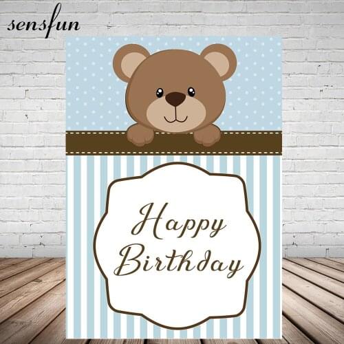 Sensfun Brown Bear Baby Shower Birthday Party Backdrop Light Blue White Striped Boys Photography Backgrounds 5x7ft Vinyl