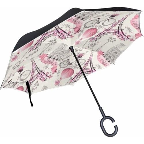 Eiffel Tower and Vintage Bicycle Pattern Reverse Umbrella Double Layer Long Handle Umbrella High Quality Fashion Customized