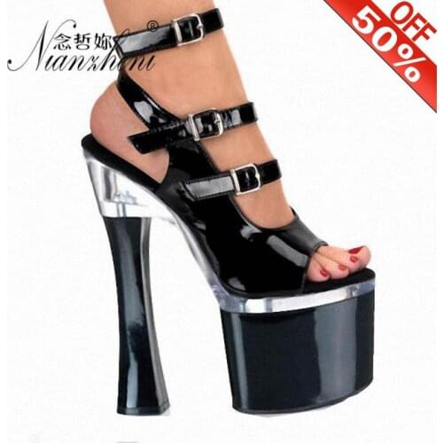 18cm Woman Summer Platform Spool Sandals Black Pole Dance Dress Model Gladiator Shoes 8 Inch Sexy Nightclub Female High Heels