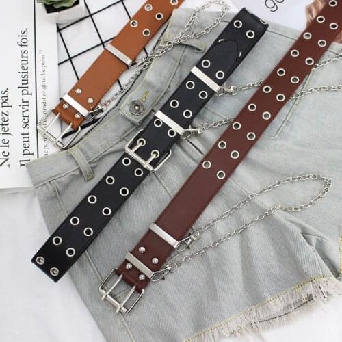 CANZE Womens Hip-hop Wide Belt Iron Ring Chain Double-row Hole Belt Student Fashion Accessories Belt