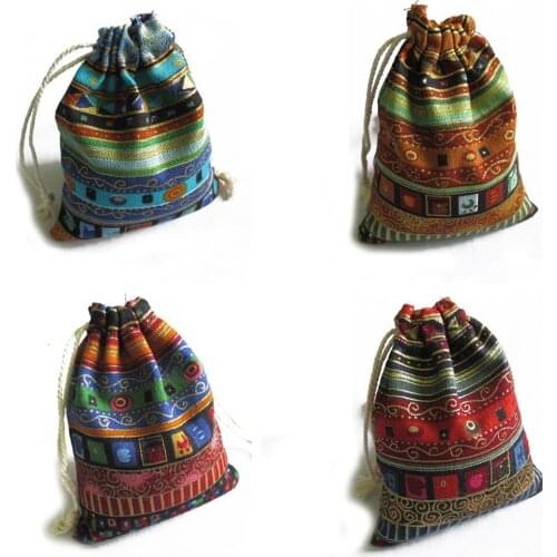 3Pcs Cotton Gift Bags Multicolor Tribal Tribe Drawstring Jewelry Bags Pouches Package Storage Chinese Ethnic Style 9.5cm X12cm