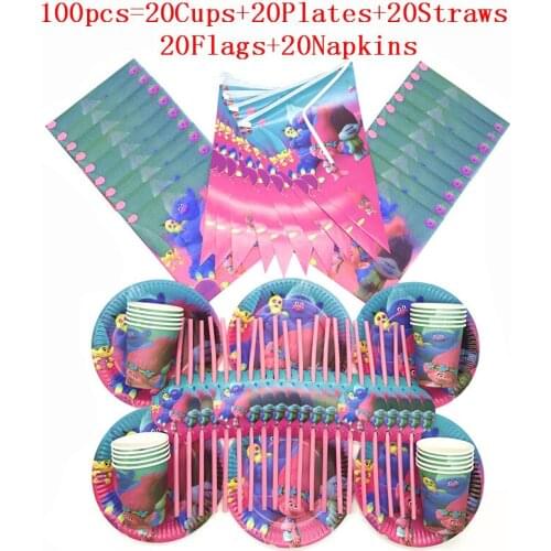 60/90/100PCS Happy Birthday Kids Cartoon Trolls Baby Shower Party Decoration Set Banner Straws Cup Plate Supplies For 10 People