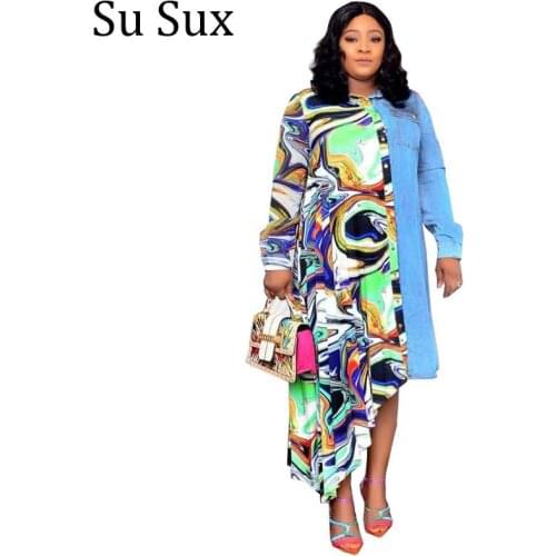 African Dress Plus Size Clothing Chiffon Denim Patchwork Blouse Shirt Dress Print Irregular Maxi Robe Dashiki Vestidos 2021