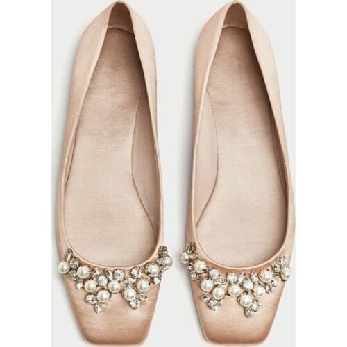 Pink Ballet Flats Shoes Diamond Silk Square Toe Ballet Single Shoes Womens Pearl Flat Bottom Evening Bridal Shoes Bridesmaid