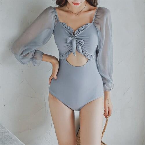 Long Sleeve One Piece Swimsuit Women Solid Swimwear Ruffle Monokini Lace Swim Suit Ruffle Bathing Suit Pad Push Up Korea Style
