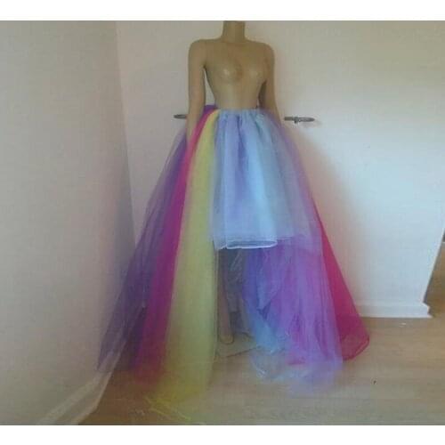 Real Image Multi color Hi Low Long Tulle Skirts Elastic Waistline Female Tutu Skirt Elegant Asymmetrical Rainbow Maxi Skirts
