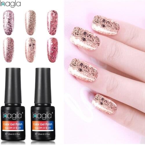 Inagla Rose Gold Glitter 15ml Gel Polish Gel Varnish Top Base Coat Nail Gel Polish Soak Off UV LED Vernis Semi Permanent Lacquer