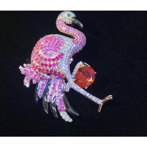 High quality 925 sterling silver with cubic zircon flamingo brooch pins pendant double use fine women jewelry free shipping