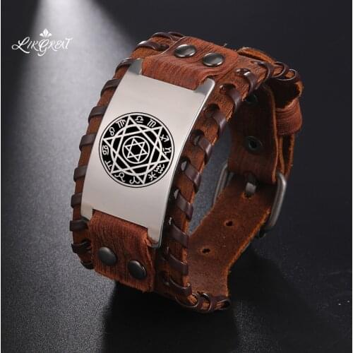 LIKGREAT Zodiac Star of David Mens Wide Leather Wrist Bracelets Magen David Kabbalistic Jewish Talisman Bangles Jewelry Gifts