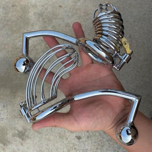 Male Sex Products Stainless Steel Chastity Belt Cock Cage with Butt Plug BDSM Bondage Adjustable Penis Ring Metal Penis Cage