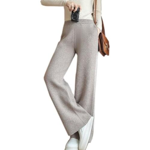 2020 New Autumn Winter Women 100% Cashmere And Wool Pants Soft Waxy Comfortable High-Waist Knitted Female Thicken Wide Leg Pant