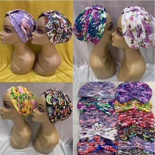 2021 New Muslim Print Floral Turban Hijab Caps African Women Ready Wear Stretch Cotton Turban Headwrap Cap Indian Bonnet HAT