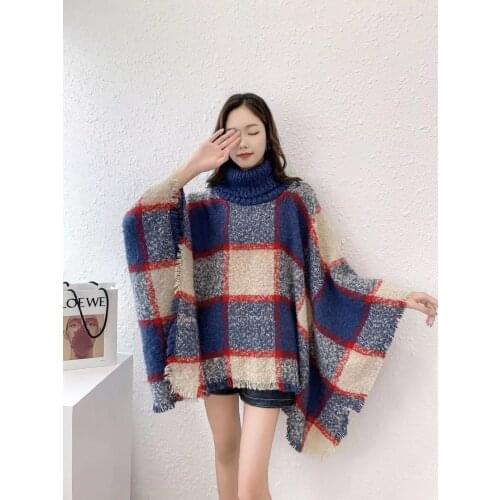 Women Capes Loose Plaid Striped Poncho 2021 Autumn Knitted Outdoor Sun Protection Sweater Triangle Tassel Long Pullover Coat