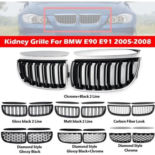 Pair Front 2 Line Double Slat Kidney Grille Grill For BMW E39 G30 G38 F10 F11 E36 E90 E91 2005-2008 Gloss Black Carbon Fiber