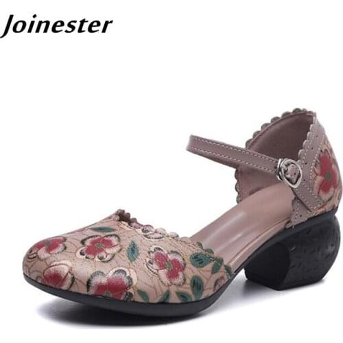 Women Genuine Leather Closed Toe Sandals Ladies Ankle Strap Floral Pumps Retro Summer Shoes for Female Chunky Heel Dress Shoe