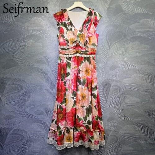 Seifrmann New 2021 Summer Women Fashion Runway Party Maxi Dress Sexy V-Neck Ruffles Lace High Waist Print Ladies A-Line Dresses