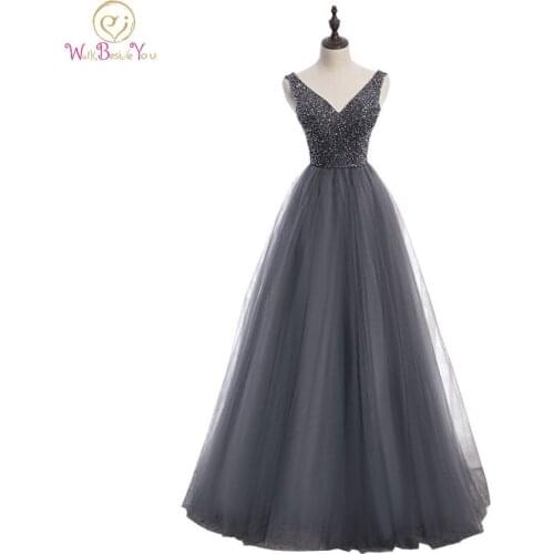 Gray Formal Evening Dresses 2020 Beading Party Long Prom Gowns V Neck Tulle A Line Women Elegant Floor Length Walk Beside You