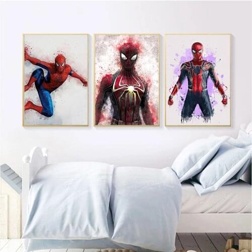 Spiderman Superhero Childrens Room Bedroom Decoration Watercolor Poster Cartoon Movie Mural Wall Art Canvas Painting