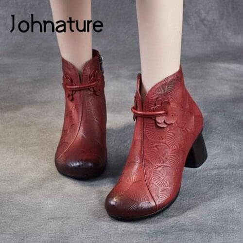 Johnature Women Boots Genuine Leather Retro Shoes Zip 2020 New Handmade Print Round Toe Concise Leisure High Heel Platform Boots