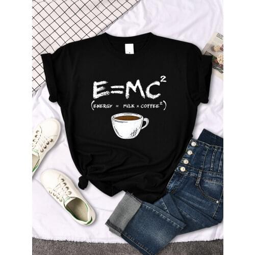 Womens T-Shirts Energy = Milk * Coffee Cartoon Print Tshirt Famale Oversized Kawaii Casual O-Neck Tops Cozy Soft Loose Tshirts