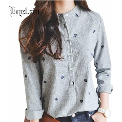 Women shirts new Korea spring summer fashion casual slim shirts embroidery striped stand Collar women blouse plus size,LB1544