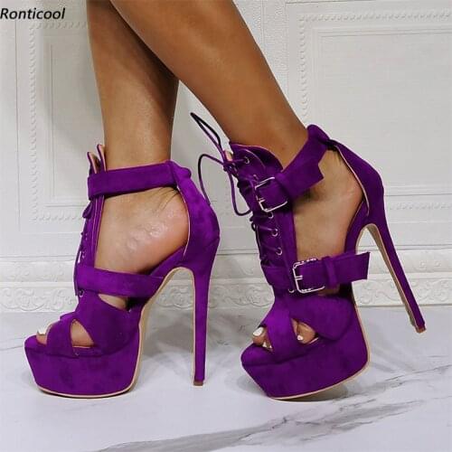 Ronticool Women Platform Sandals Buckle Strap Faux Suede Stiletto Heel Open Toe Gorgeous 7 Colors Party Shoes US Size 5-20
