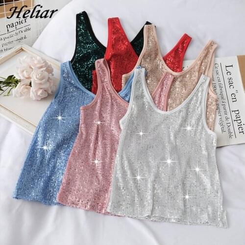 HELIAR Sexy Sequined Tank Tops For Women Silver Twinkle Loose Onesize V-Neck Streetwear Fashion Clubwear Party Tanks Camis Vest