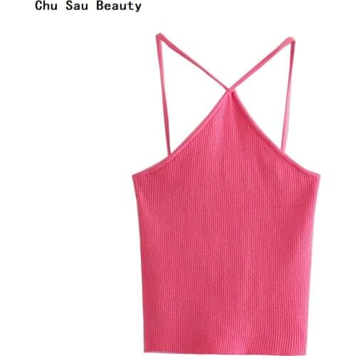 2021 Womens New Za Bright Pink Hollow Sling Knit Top, Summer Casual Soft And Comfortable Open Back Sexy Ladies Fashionable Vest