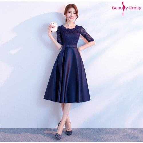 Beauty Emily O Neck Half Sleeve Bridesmaid Dresses Middle Lace Party Dress Pleated Prom dress Vestido de dama de honor