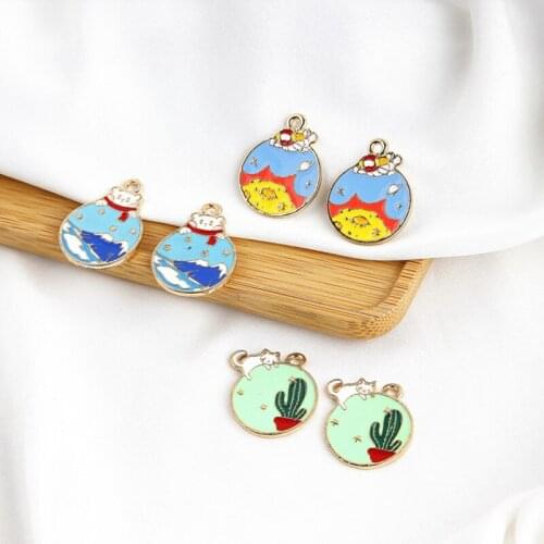 10PCS Oil Drop Cats Planet Pendant Round Shape Enamel Charms Fit DIY Necklace Accessories Charms Bracelet Jewelry Making FX081