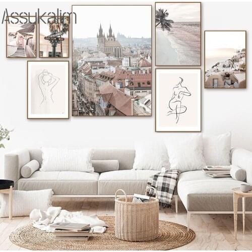 Abstract Nude Woman Canvas Painting Coastal City Architecture Wall Art Poster Nordic Posters And Prints Living Room Decoration