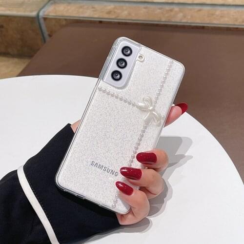 Bow pearl glitter is suitable for Samsung s21 mobile phone shell note20 ultra transparent s20 fe soft shell s21ultra cover