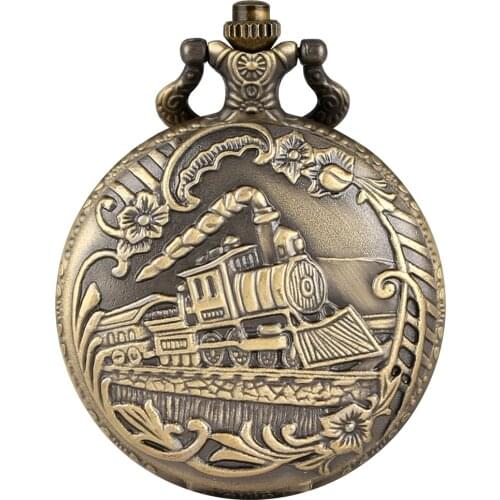 Retro Bronze Train Design with Accessory Quartz Pocket Watch Analog Clock Necklace Pendant Steampunk Fob Watches Unisex Gifts